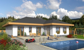 Casa a forma di L con doppio garage e tetto a padiglione. Per chi lo desidera è possibile scegliere il tetto piano.